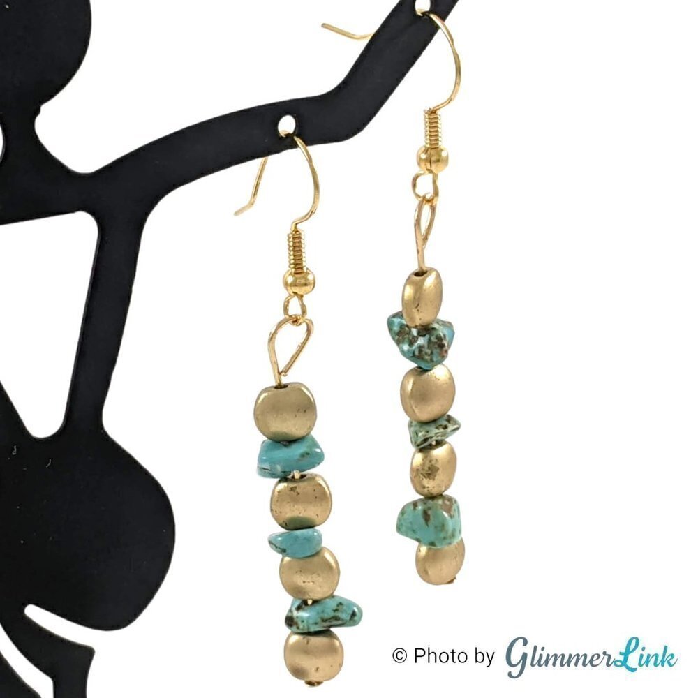 Teal & Matte Gold Stacked Beads & Chips Gold Plated Drop Earrings